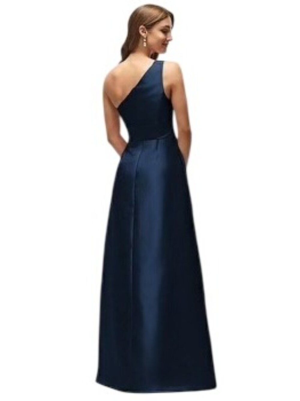 Alfred Sung One Shoulder A Line Satin Gown Navy Size 8 New With Tags - Picture 2 of 10